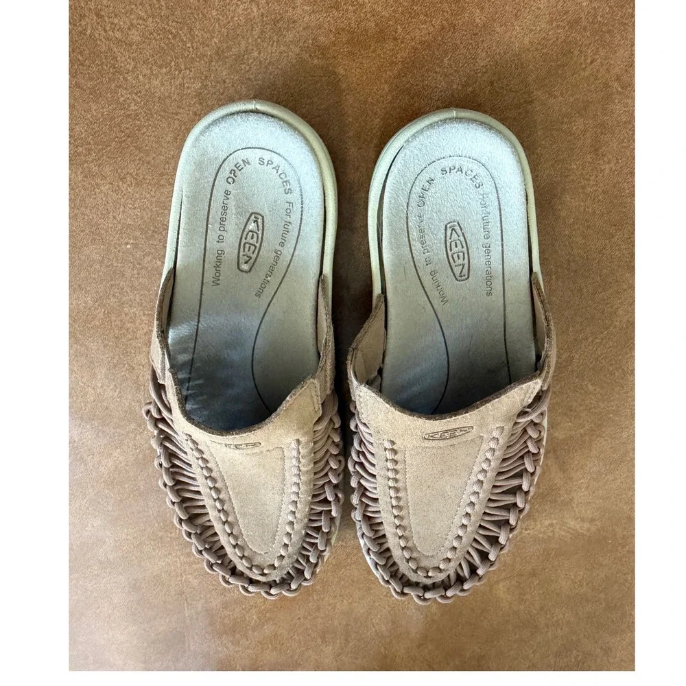 Keen Uneek Slide Sandals Womens 8 Tan Suede Woven Cord Mules 1022401 Taupe - Picture 2 of 4
